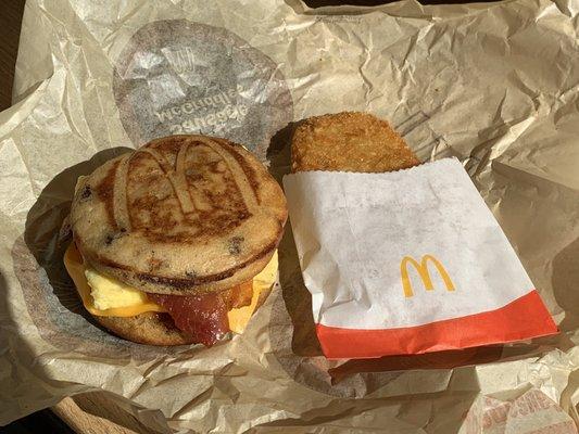 Breakfast (bacon, egg and cheese McGriddle w/ hash browns)