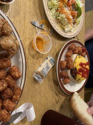 Burger and side salad--with a few snitched tots.