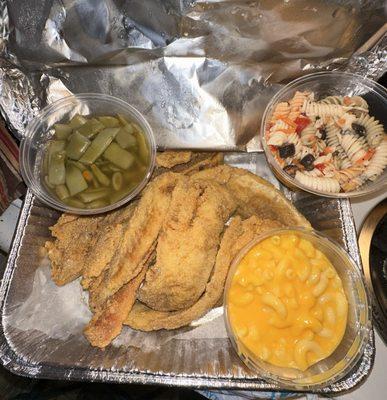 8 piece whiting/perch meal w/ small sides - pasta, mac&cheese, and green beans - to go.