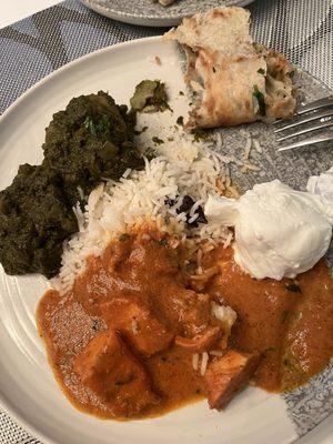 Butter chicken, Saag Aloo, lamb naan
