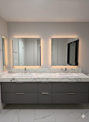 NEW VANITY, MORRORS WITH MEDICINE CABINETS, COUNTERTOP, PAINT ETC