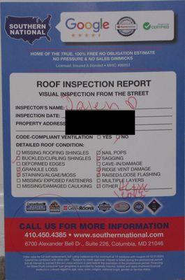 Southern National "inspection report" of a perfectly good roof, based on absolutely nothing.