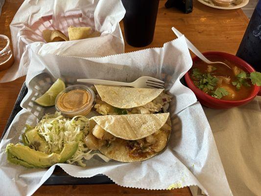 Cup of fish soup, a Little Shack taco, and a pescadilla