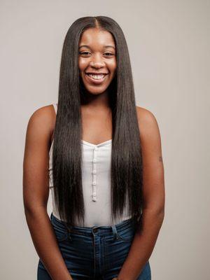 Natural Middle Part Sew In with textured straight hair