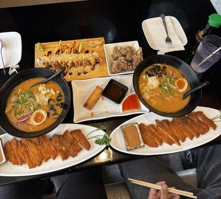 Eggroll, Curry Spicy Miso(pork broth), shaggy dog roll, karaage