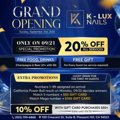GRAND OPENING CELEBRATION
We're thrilled to welcome you to the brand-new K-Lux Nails on Sunday, September 21st, 2025!