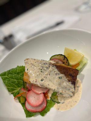 Crispy Seared Salmon Pickled radish salad