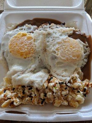 Loco Moco, TWO hearty, seasoned beef patties over rice with eggs and gravy, bonus furikake Mac salad - big portion!