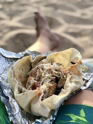 Fish Burrito on the beach.
