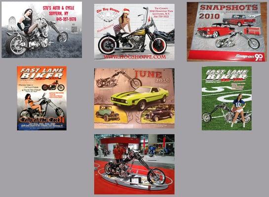 An assortment of places, magazines, competitions, calendars, and photo shoots where Stu's custom motorcycle(s) were featured.