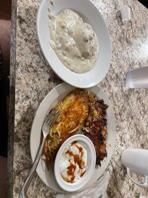Corned beef hash with biscuits/gravy! So delicious!