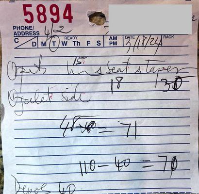 scratched out the original $40 in the middle of the receipt and added charges to reach a new total of $110