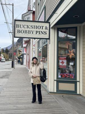 Alaska Cruise Tourist in front of Lovely Shop Buckshot & Bobby Pins