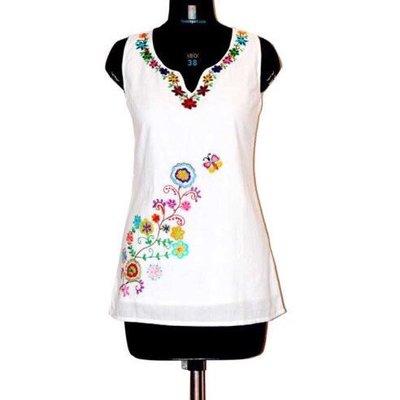 100% light weight Cambric Cotton Embroidered Tunic in White by kashmirvalley .com