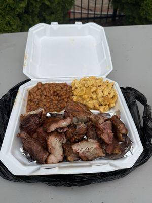 Rib tips, beans, Mac and cheese