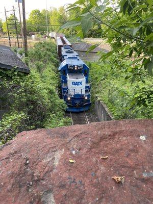 The trains run under the kitchen!