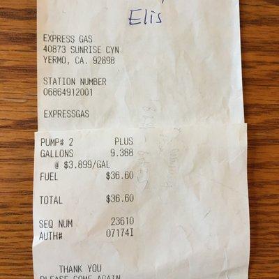 The machine didn't print out receipt, once I went in ask for the receipt I saw they charge me 3.89/GL instead of what it said outside!