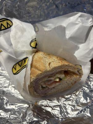 Ham on wheat with pepper jack cheese, tomato, lettuce, and chipotle mayo