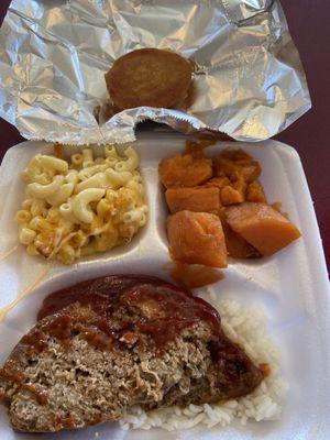 Meatloaf, yams, mac and cheese, cornbread