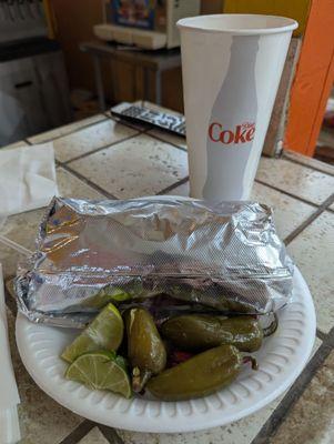 Huge fish burrito and drink!