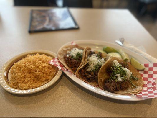 Chorizo, Steak, and Campechano tacos with a side of rice