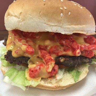 Hot Cheetos and cheese burger