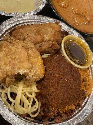 Waakye and towards the back is Peanut Soup with Fufu - Added fish to the peanut soup, was delicious just spicy.
