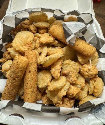 Double drop trio...fried pickles, fried mushrooms, cheese sticks...