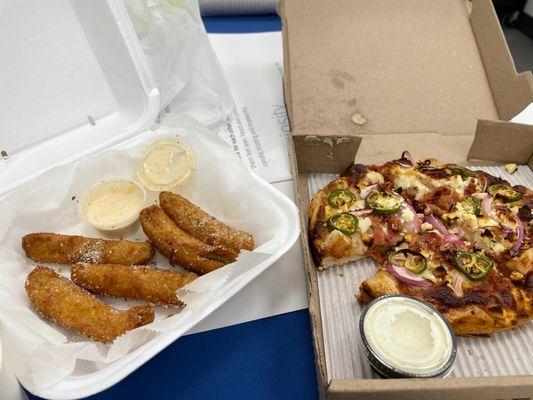 Fried Pickles and The 8" Falcon Pizza with ranch
