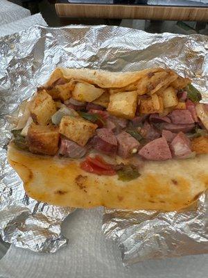 Mix potatoes with the sausage with chorizo