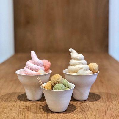 Strawberry soft serve, oat soft serve, matcha and oat ice balls