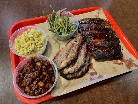 Brisket, baked beans, creamed corn, green beans, ribs