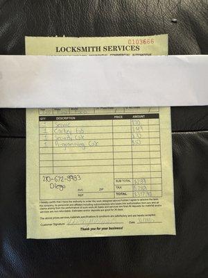 Invoice showing charges