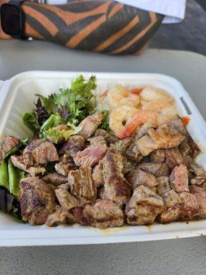 12oz steak and shrimp + largest fountain drink = $23.55