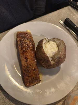 Norwegian blackened salmon with potato. It had a nice citrus flavor and was very crispy on outside and juicy on the inside.
