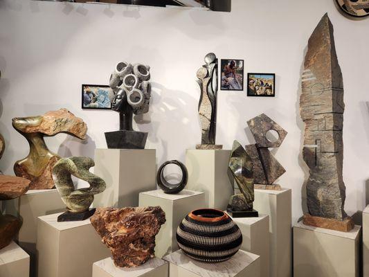 Hand carved, stone sculptures, and hand woven baskets.