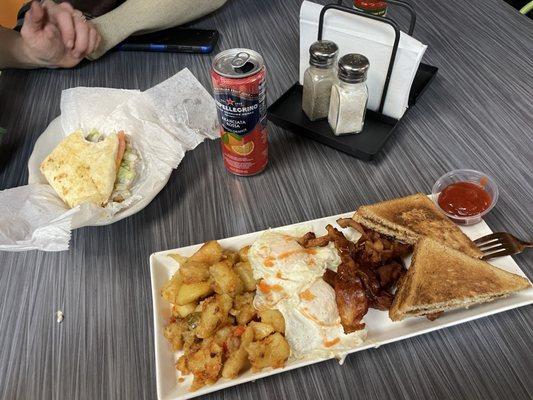 Tuna salad melt, breakfast platter