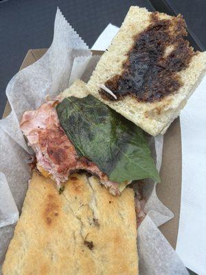 Seasonal Ham with peaches, Brie, basil, balsamic on focaccia