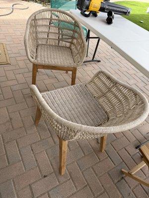 Teak and synthetic weave. Comfy.