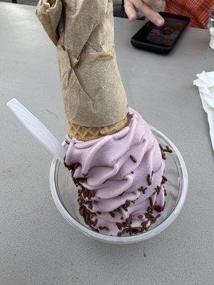 Black raspberry soft serve with a gluten free cone