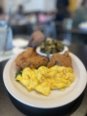 Fried chicken with eggs and collards