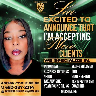 We Specialize in many different things such as tax preparation, Tax , mentor , corporate taxes, small business taxes, individual taxes