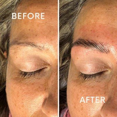 Before and after of a brow lamination, tint, and wax