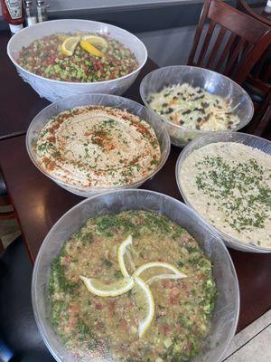 Humus, eggplant, Israeli Salad, coleslaw. We do catering!
