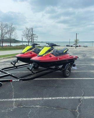 The 2 jet skis for rental on the trailer.