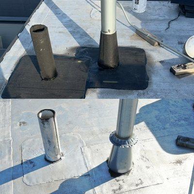 Installed flashing at exhaust pipes.