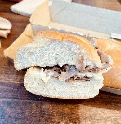 French dip with Swiss. I guess they think I'm on a diet?! Where's the beef?! Doesn't look like the "from the owner" pic