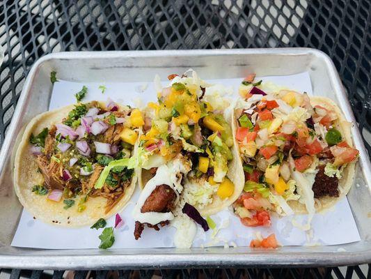 Carnitas, mango fish, coconut shrimp