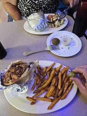 Falafel, chicken schwarma and fries