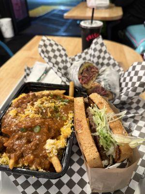 Chili cheese fries, Frisco cheeseburger and pastrami sandwich.